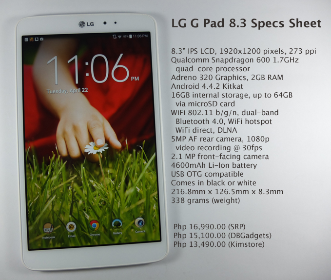 LG G Pad 8.3 Specs Sheet