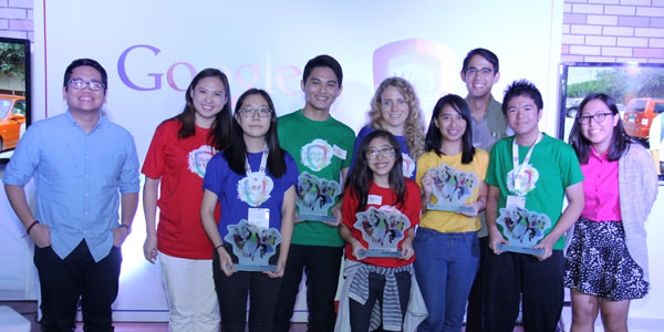 Google Philippines awards the top prize in its Web Rangers "Search for Online Heroes" program to #CyberBully404. (L-R Gian Nealega, DM9 JaymeSyfu; Gail Tan, Google Philippines Head of Communications and Public Affairs; Web Rangers campaign winners Hyun Ju Song, Adj Regidor, Reanna Noel, Bea Aquino and Haedrick Daguman; Helena Lersch, Google Public Policy and Government Relations; NYC Chairperson Gio Tingson; Alexis Bisuna, DM9 JaymeSyfu