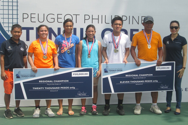 Shown in photo during the awarding ceremony of the Peugeot Philippines Tennis Open (PPTO) Cagayan De Oro regional qualifying leg are PPTO Tournament Director, Pet Santos; tournament winners Sally Mae Siso, Anjelica Mosqueda, Janelle Llavore, Bernardine Siso and Danilo Sajonia; and Peugeot Cagayan De Oro Dealership General Manager, Johaima Manacap.