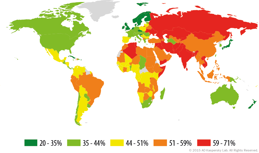 Figure 2: Geography of local infection incidents in 2015 (users with computers or removable media infected with malicious objects)