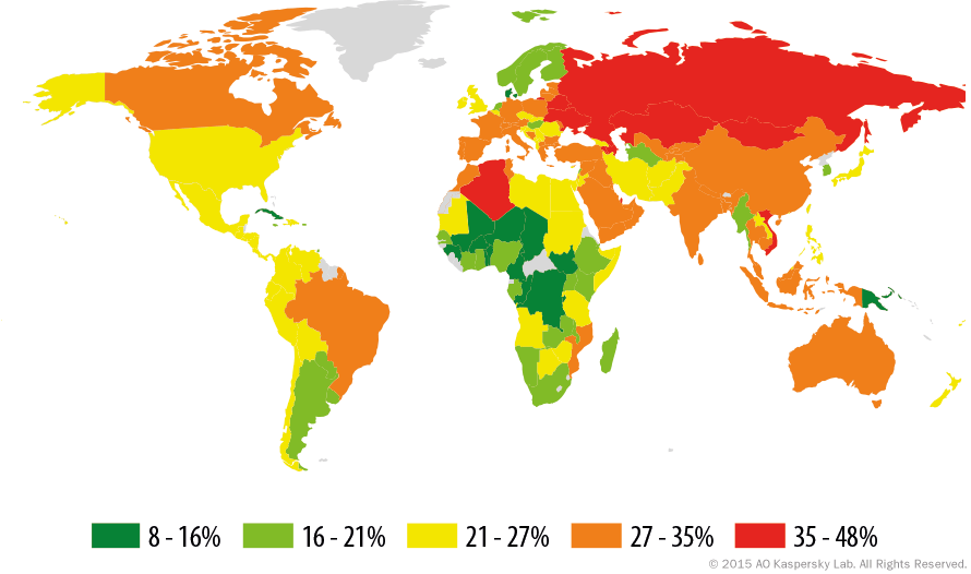 Figure 3: Geography of online threats or web-based attacks in 2015 (users who encountered cyberthreats and malware infection attempts online)