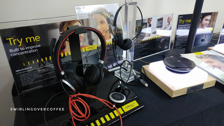 Jabra products, mostly headphones with mic, for business and enterprise use, showcased at the WSI display room. 