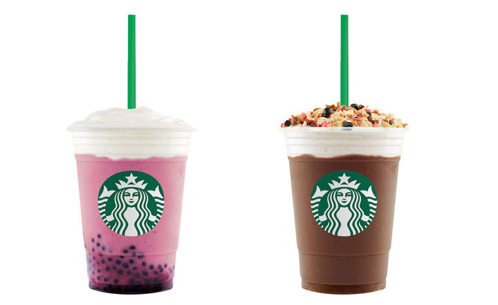 Starbucks Açai Mixed Berry Yogurt Frappuccino (left) and Granola Dark Mocha Frappuccino (right).