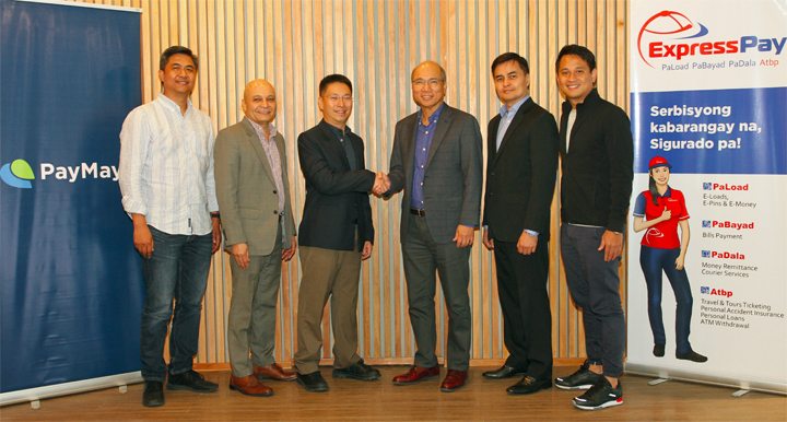 PayMaya has collaborated with ExpressPay to provide PayMaya customers with more touch points to load up their PayMaya account. (L-R): PayMaya Head for Acquiring Mar Lazaro; ExpressPay Marketing Director David Mascenon; ExpressPay Chairman Anson Uy; Voyager Innovations and PayMaya Philippines Orlando B. Vea; ExpressPay President, Allen Mascenon; and PayMaya Head for Issuing Raymund Villanueva.