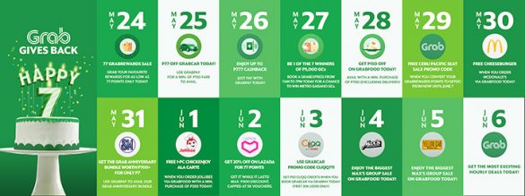 Daily deals for Grab users and partners, raffle promo for users, and GrabShare flat fare promo.