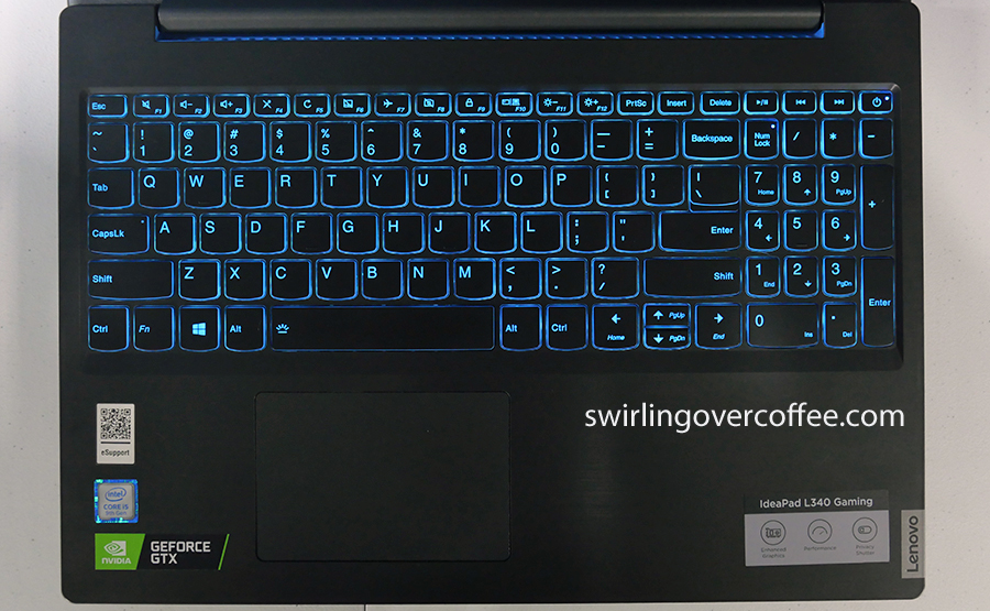 Lenovo L340 Gaming, with blue backlit keyboard shown