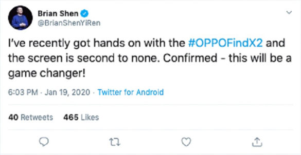 Tweet by Brian Shen, OPPO Vice President and President of Global Marketing