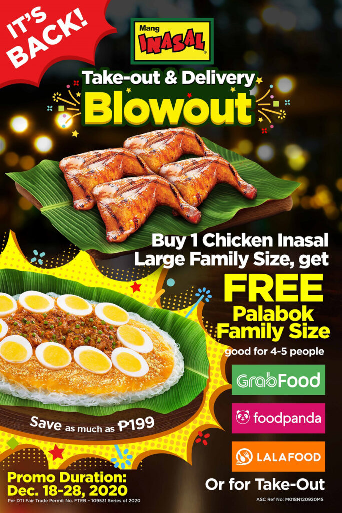 Mang Inasal Take-out and Delivery Blowout runs anew from December 18 to 28, 2020