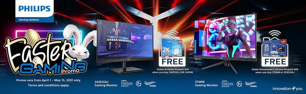 For every single-receipt purchase of Philips 242E1GSJ or Philips 242M8 Gaming monitor, buyers can get a free Globe at Home Prepaid Wifi. Additionally, they can get a free Globe Streamwatch Xtreme Prepaid Wifi for every single-receipt purchase of 272E1GSJ and Philips 272M8.