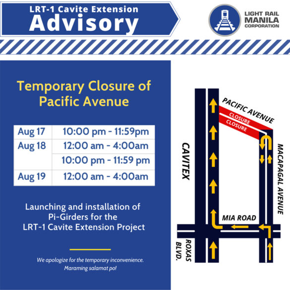 LRMC announces temporary closure of Pacific Avenue for LRT-1 Cavite Extension works
