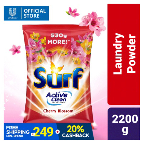 Surf Cherry Blossom Laundry Powder Detergent with Active Clean Technology 2.2kg Pouch
