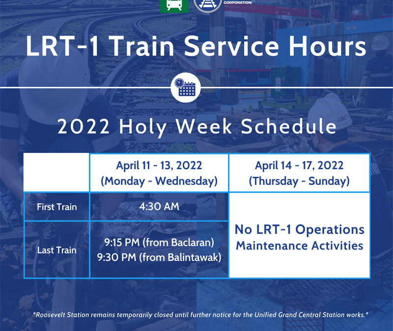 LRMC releases LRT-1 train schedule for 2022 Holy Week