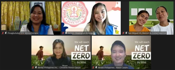 In celebration of Earth Day, Nestlé PH highlighted the importance of teaching proper solid waste management to public school students through the Nestlé Wellness Campus (NWC) program. Photo shows (top row, from left to right): Dr. Wilma Soriano of Pinagbuhatan Elementary School in Pasig City, Teacher Sheena Lyn Briones of Naga Central School II, and Mommy Maricel Marimat and her daughter Crishel, representing San Miguel High School in Tanjay City, Negros Oriental. Bottom row: Christine Ponce-Garcia, Assistant Vice President and Sustainability Lead at Nestlé PH, and Kevin Carpio, NWC Program Lead.