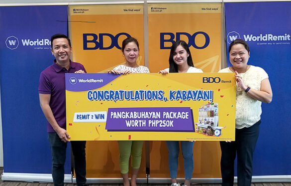 Pangkabuhayan Package Promo Winners. Two overseas Filipino beneficiaries happily received the pangkabuhayan package of Grainsmart rice retail business franchise that they won in the ‘Remit 2 Win promo of BDO Remit and WorldRemit. The promo was launched to help the beneficiaries affected by the pandemic. Both BDO Remit and WorldRemit are very much committed in supporting the OFWs and their families in challenging times, apart from providing a safe, fast and reliable remittance service. Together with WorldRemit country director Earl Melivo (far left) and BDO Remit SAVP & business development head for Europe Cesca Policarpio (far right) are the winners Ellane Gueco of Pampanga (2nd from left) and Joshebern Bonnevie of Quezon City (2nd from right).
