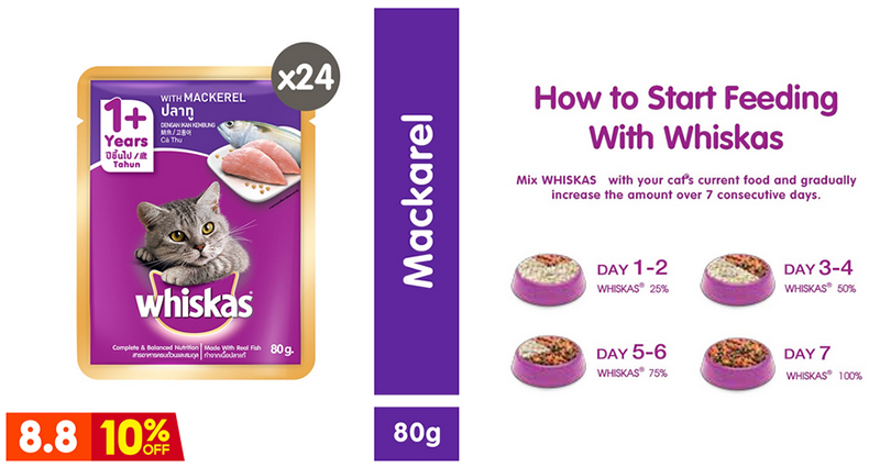 Buy WHISKAS Cat Food Wet Pouch – Mackerel Flavor Wet Food for Cats Aged 1+ Years (24-Pack), 80g on Shopee.