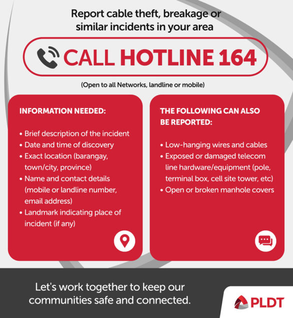 PLDT activates Hotline 164 for reporting cable theft